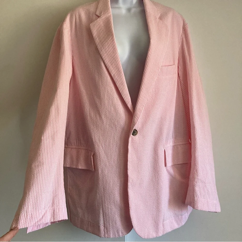 Denimist Pinstriped Pink Seersucker Deconstructed Oversized Blazer, XS Runs Big - Picture 6 of 14